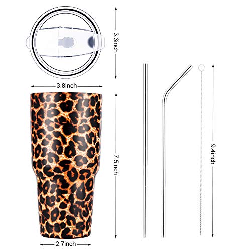 30oz Leopard Tumbler Stainless Steel Insulated Travel Mug with Straw Lid Cleaning Brush (30 oz Leopard), 1 Count (Pack of 1) - color: Leopard