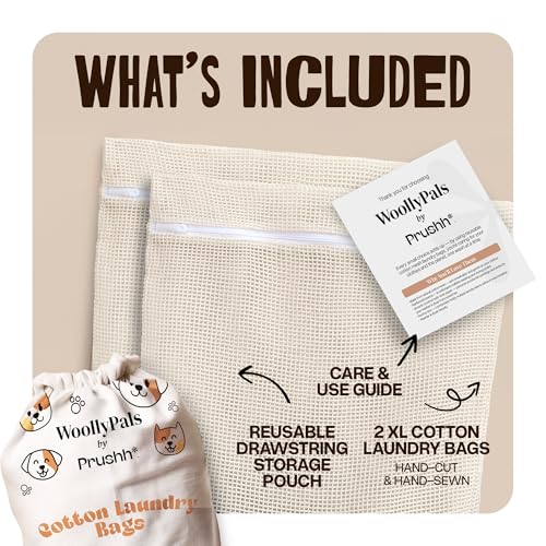 WoollyPals Large Cotton Mesh Zippered Laundry Bags (16" x 20") – 2-Pack with Storage Pouch – Washer & Dryer Safe, Durable Zipper, Breathable Mesh for Clothes, Delicates, Underwear, Shoes & Lingerie