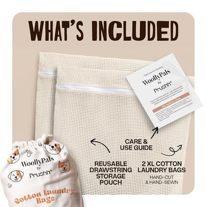 WoollyPals Large Cotton Mesh Zippered Laundry Bags (16" x 20") – 2-Pack with Storage Pouch – Washer & Dryer Safe, Durable Zipper, Breathable Mesh for Clothes, Delicates, Underwear, Shoes & Lingerie