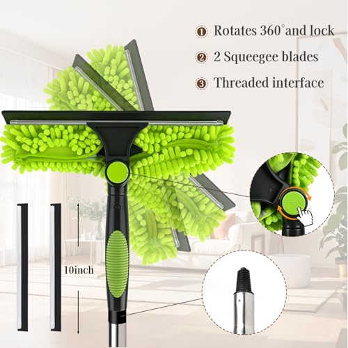 67" Window Squeegee for Window Cleaning with Extension Pole, 3-in-1 - color: Green
