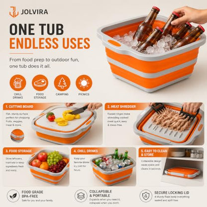 Collapsible BBQ Prep Tub with Lid & meat claws – 8L Multifunctional Food & Meat Prep Basin for Vegetables, Fruits, Washing, Storage and Outdoor Cooking