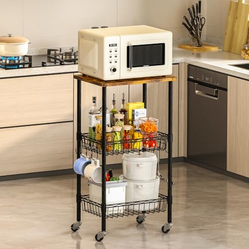 Homeiju Rolling Kitchen Storage Cart, 3-Tier Storage Rack on Caster Wheels with Adjustable 2 Baskets, Coffee Station Cart Rack Shelf Organizer for Living Room Office, Balcony, Rustic Brown/Black