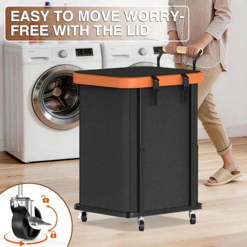Laundry Hamper with Lid,Leather Patchwork Laundry Basket with Wheels 40Gal - color: Black, size: 1 Section