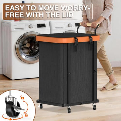 Laundry Hamper with Lid,Leather Patchwork Laundry Basket with Wheels 40Gal - color: Black, size: 1 Section