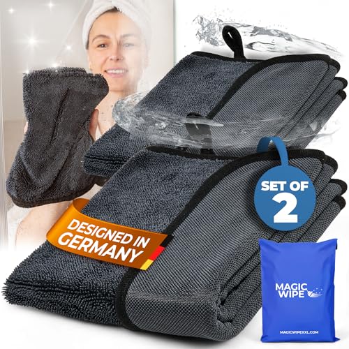 Magicwipe® Bathroom Drying Cloth XL (40×60 cm, 2 Pack) – Removes Limescale & Hard Water Stains in Seconds with Just Water – Streak-Free for Shower Glass & Tiles – Reusable Microfibre Cloth - color: Black 40x60cm