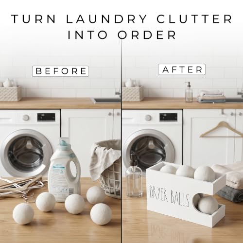 Dryer Ball Holder for Laundry Room, Dryer Balls Container Wall Mount, Wood Dryer Balls Storage Organizer, Wool Dryer Ball Dispenser Basket (White)