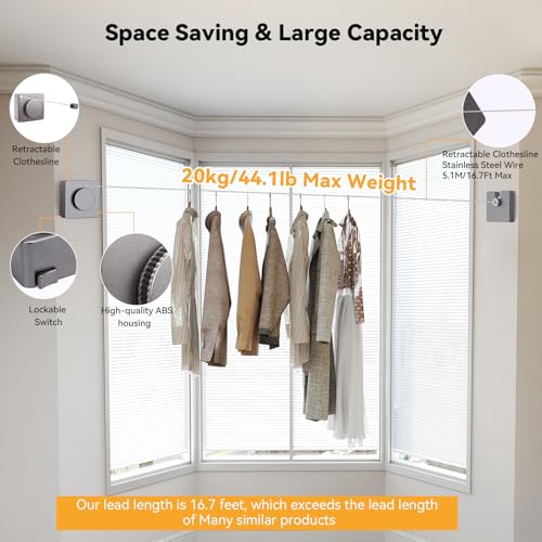 Retractable Wall-Mounted Indoor Clothesline, Stainless Steel Retractable Dryer Clothesline Convenient Non-Sagging ABS Drying Rope for Laundry Room Balcony Bathroom, 20kg Weight