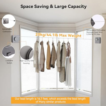 Retractable Wall-Mounted Indoor Clothesline, Stainless Steel Retractable Dryer Clothesline Convenient Non-Sagging ABS Drying Rope for Laundry Room Balcony Bathroom, 20kg Weight