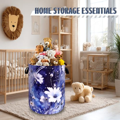 Blue Daisy Floral Laundry Basket Oxford Cloth Foldable Hamper 18.9x16.5 In - color: Watercolor Blue Daisy Flowers
