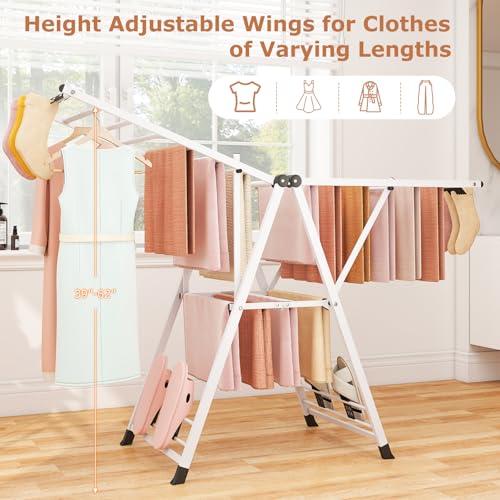GIANTEX Foldable Metal Clothes Drying Rack, 64" Height Adjustable Wings - color: White, size: 64"L x 39"-62"H