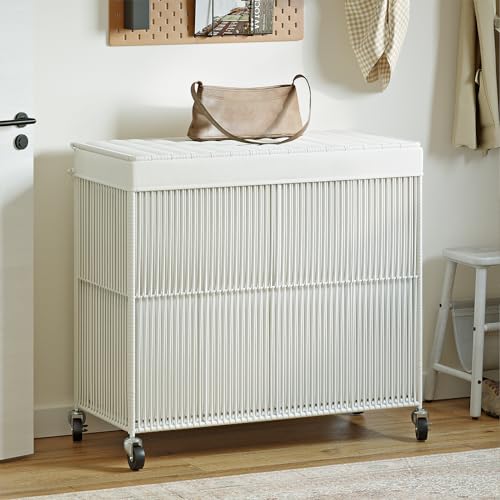 WOWLIVE Laundry Basket 3 Section, Handwoven Laundry Hamper with Wheels - color: Creamy White, size: 150l(28.4 X 13 X 26.4 Inches)
