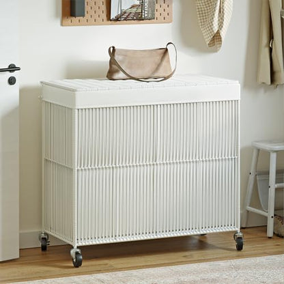 WOWLIVE Laundry Basket 3 Section, Handwoven Laundry Hamper with Wheels - color: Creamy White, size: 150l(28.4 X 13 X 26.4 Inches)
