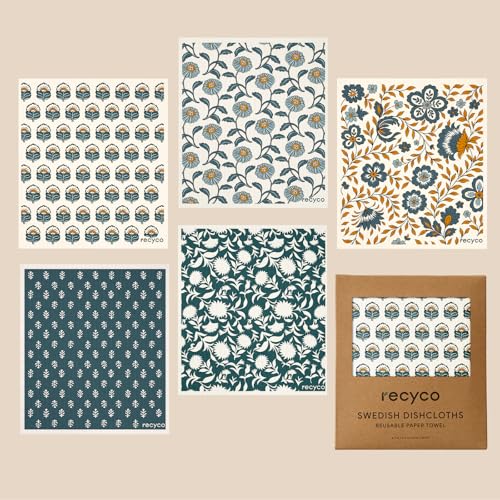 RECYCO Swedish Dishcloths for Kitchen | 5 Pack Indigo Petals Washable Dish Rags | Cellulose Reusable Cleaning Paper Towels | Absorbent Counter Dish Cloth Sponge Kitchen Wipes, 8" L x 7" W - color: Indigo Petals - 5 Pack
