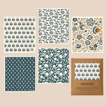 RECYCO Swedish Dishcloths for Kitchen | 5 Pack Indigo Petals Washable Dish Rags | Cellulose Reusable Cleaning Paper Towels | Absorbent Counter Dish Cloth Sponge Kitchen Wipes, 8" L x 7" W - color: Indigo Petals - 5 Pack
