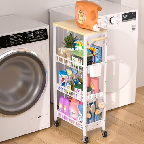 DTUQYX Slim Rolling Storage Cart, 4 Tier Small Organizer Cart with Wheels, Metal Utility Shelf Kitchen Bathroom Laundry Room Organization Trolley with Handle for Narrow Space (9.1" W Metal Basket) - color: White, size: 7.88"W Metal Wire Basket
