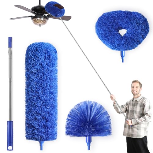 Microfiber Duster for High Ceiling Fan Blades, Cobweb with Extension Pole Adjusts 15-82 Inch, Reusable Cleaning Duster Kit with 3 Duster Heads for Wall Blinds Door Furniture Bookshelves (Blue)