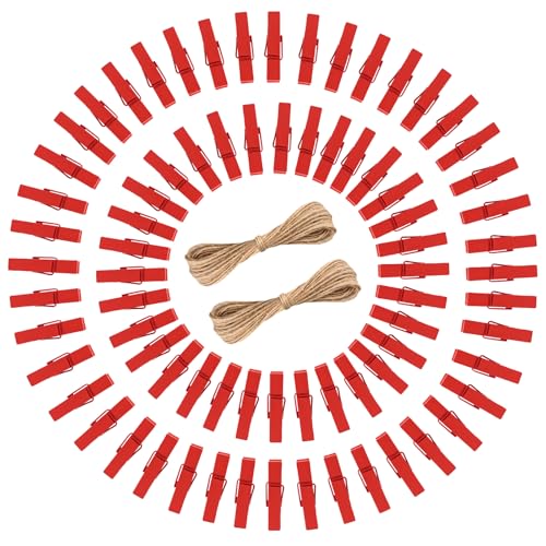 jijAcraft 1.4Inch Mini Clothes Pins - 100Pcs Wooden Clothespins with String - color: Red Red, size: 1.4 inch, 100 pcs