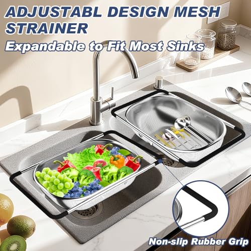 Over the Sink Colander, Expandable Strainers and Colanders with Fine Mesh, Colander for Kitchen with Rubber Grip for Draining Pasta, Vegetables and Fruits - Essential Kitchen Sink Strainer - color: Black