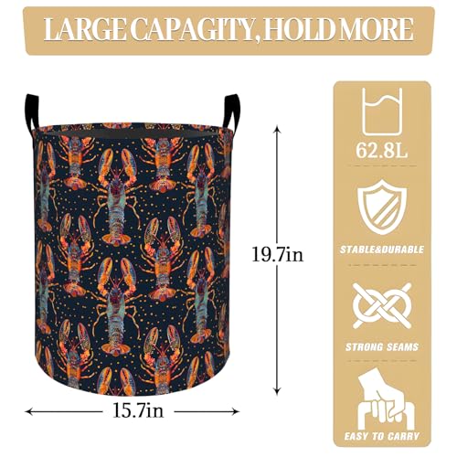 Vibrant Lobster on Dark Background Laundry Basket, Dorm Nursery Foldable Laundry Hamper Organizer for Bathroom Decor, Toy Clothes Storage Box for Bedroom 19.7x15.7 Inch - style: Lobster09