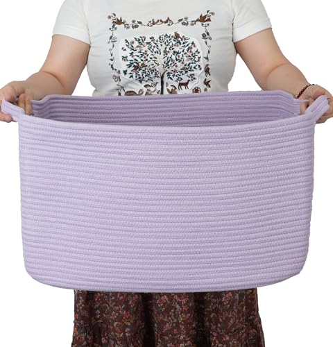 XUANGUO Large Woven Cotton Rope Blanket Basket 22"x17"x12" Lavender Purple - color: purple or Lavendor