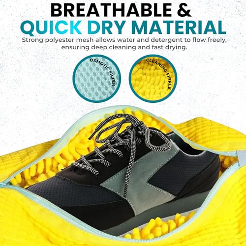 Shoe Washing Machine Bag 2 Pack – 360° Self-Locking Zipper Shoe Washing Bag for Washer and Dryer – Reusable Heavy-Duty Microfiber Cleaning Set for Sneakers, Boots & Athletic Footwear (Yellow)