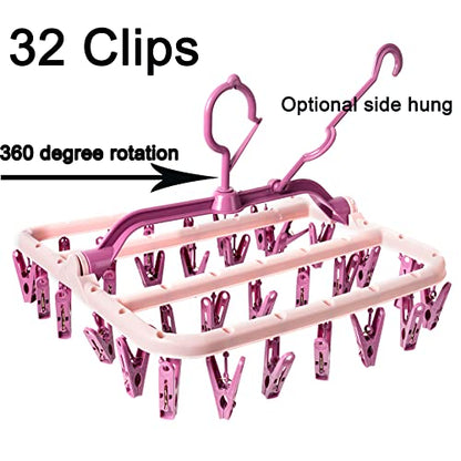 Foshine Clothes Drying Racks Foldable Clip Hangers Plastic with 32 Clips - color: Pink
