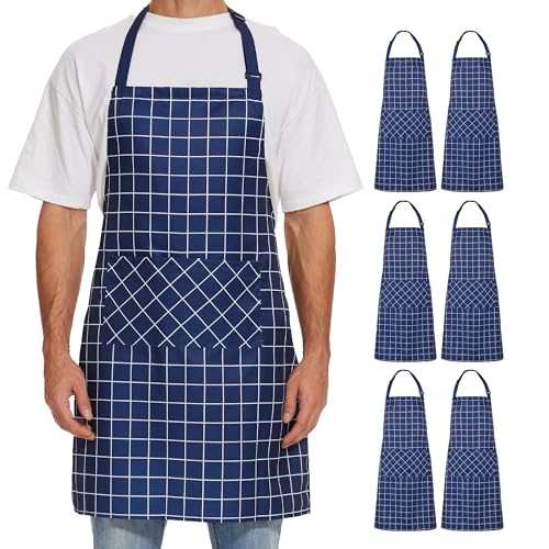 Will Well 2 Pack Bib Apron For Men & Women with 2 Pockets - Navy Checkered - color: 07 - Navy Checkered, size: 6 Pack
