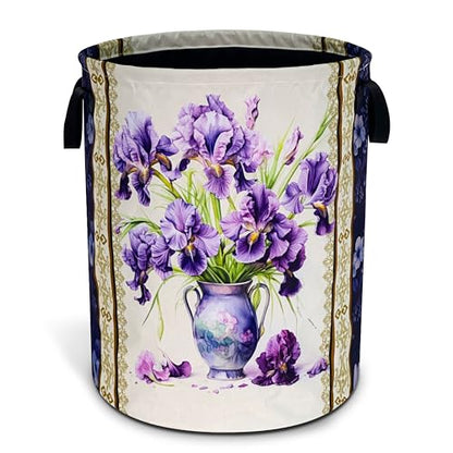 Purple Iris Flower Laundry Basket Oxford Cloth Floral Hamper 18.9 x 16.5 In - color: Iris Flower