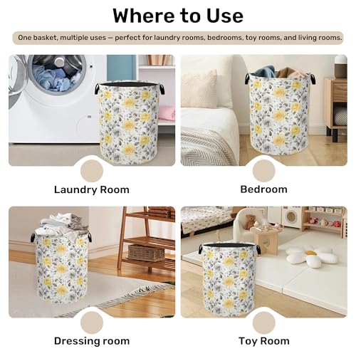 Yellow Gray Flowers Large Clothes Hamper Bag - Laundry Basket with Handles, Space Saving Foldable Design for Nursery - color: Yellow Gray Flowers