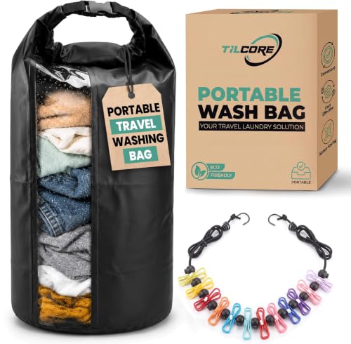 Travel Washing Machine & Retractable Clothesline - Hand Washing Machine & Portable Clothes Washer - Durable Travel Laundry Wash Bag & Camping Washing Machine - Portable Manual Clothes Washer - color: Black