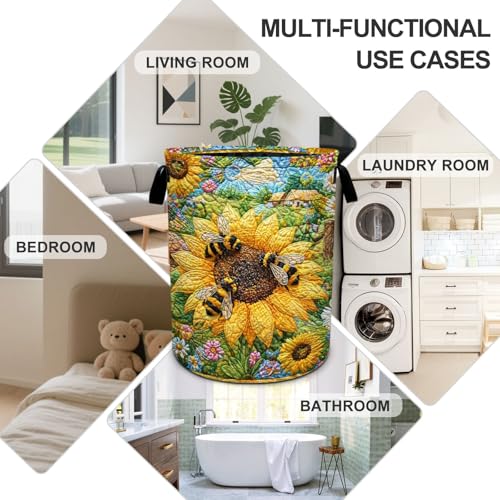 Bee Sunflowers Laundry Basket Foldable Oxford Laundry Hamper With Handle For Room Bathroom Bedroom - color: Bee