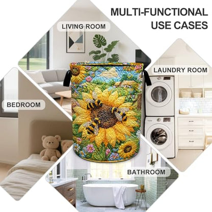 Bee Sunflowers Laundry Basket Foldable Oxford Laundry Hamper With Handle For Room Bathroom Bedroom - color: Bee