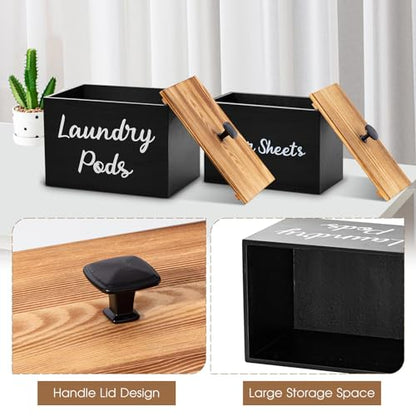 Dandat 2 Pcs Wood Rustic Laundry Dryer Sheet Holder Pod Container with Lid 8.7 x 6.3 x 6.4 Inch Laundry Pod Holder 7.3 x 3.7 x 5 Inch Dryer Sheet Dispenser Wooden Box Container(Black) - color: Black