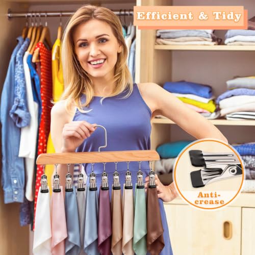 2 Pack Wooden Closet Organizer with 10 Clips, Space Saving Hanging Clothes Hanger, Vintage Wood Clothespins for Jeans Skirts Scarves Hats Socks