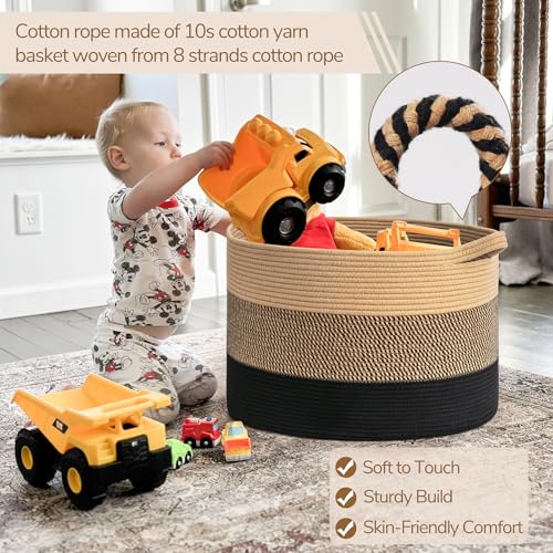 INDRESSME XXXLarge Woven Rope Blanket Basket Living Room, 90L - color: Camel Mix & Black, size: 21.7"D x 13.8"H