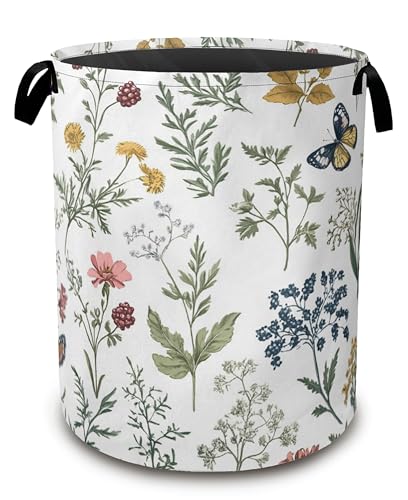 Beautiful Floral Laundry Hamper,Collapsible Laundry Baskets,Flowers Butterfly Dirty Clothes Baskets with Handles,Oxford Cloth Hamper for Bedroom,Bathroom,College Dorms,16"x20" - color: Beautiful Floral,Flowers Butterfly