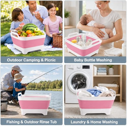 Collapsible Dish Basin with Drain Plug, Foldable Wash Basin 2.4 Gal (9L) - color: Pink