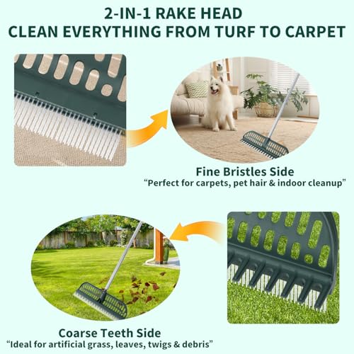 Artificial Turf Rake, 47" to 63" Adjustable Long Handle with 18" Wide Head – Turf Rake for Artificial Grass, Carpet, Lawn Sweeper, Pet Hair & Debris Remover