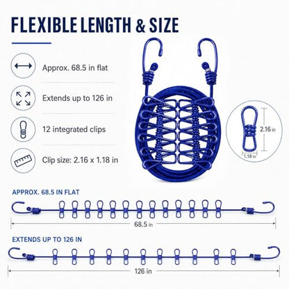 Portable Clothesline with 12 Clips, Stretch Travel Drying Rope with Stainless Steel Hooks for Camping Indoor Use.(Blue) - color: Blue
