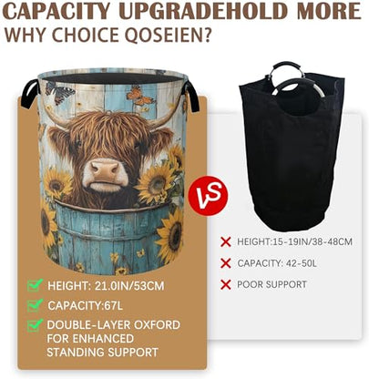 Large Laundry Basket,Highland Cow Collapsible Laundry Baskets,Sunflower Butterfly Waterproof Oxford Hamper with Handles for Bathroom Bedroom Nursery Home Storage 16"x20" - color: Highland Cow,Sunflower Butterfly,Blue Wooden