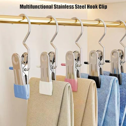 12PCS Clothes Pins, Hanging Clips, Hanger Clips, Hanger Hooks, Stainless Steel Portable Travel Hanging Hooks for Jeans, Hats, Boots, Towels (Blue) - color: Blue