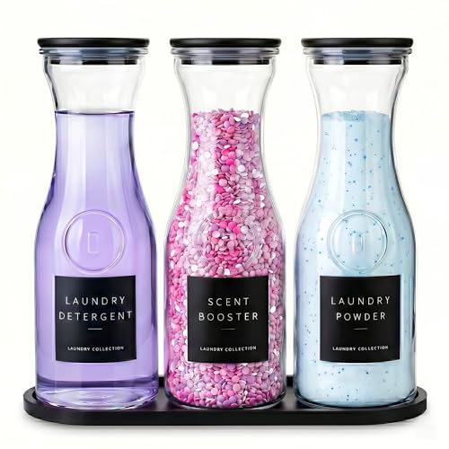 3 Pack Glass Laundry Detergent Containers with Bamboo Tray, 34OZ Liquid Laundry Soap Dispenser with 12 Labels, Silicone-Sealed Lids for Detergent, Scent Booster & Powder, Laundry Room Organization