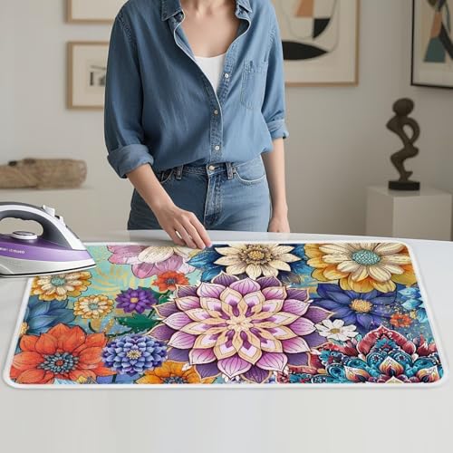 Ironing Mat Boho Flower Portable Ironing Pad Blanket for Table Top Heat Resistance Travel Small 32 x 16 Inch Foldable Lightweight Iron Mats for Washer and Dryer - color: Boho Flower