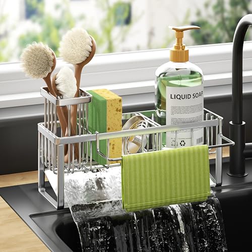 HapiRm Sponge Holder for Kitchen Sink - Self-draining Rustproof Organizer - color: Silver-Sloping, size: with Dishcloth Holder