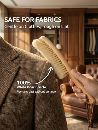 TAKAVU White Boar Clothes Brush for Suits, Large Beech Wood Handle - color: White Boar Bristle