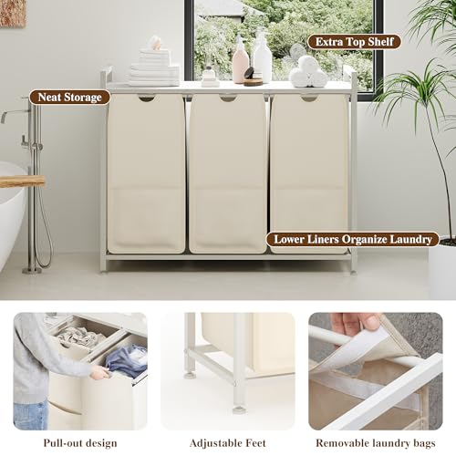 Laundry Sorter 36.6x13x28.5 in, White 3-Section Hamper - size: 3 Bags-145.5L / White + Beige