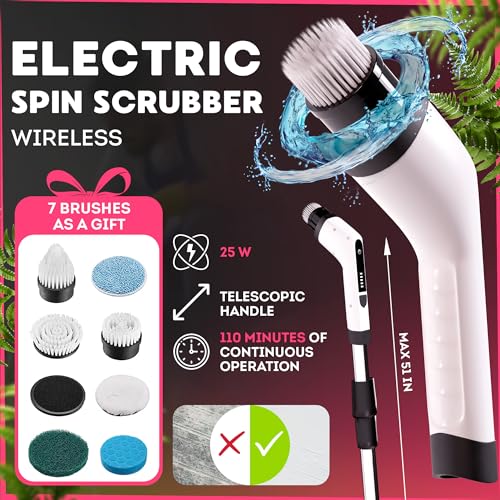 7-in-1 Electric Bathroom Scrubbing Brush, 2500 mAh. Pack of 12 Telescopic Bathtub Scrubber with Long Handle. Electric Bathtub Scrubber. Portable Power Brush for Cleaning Bathroom, Kitchen, Car