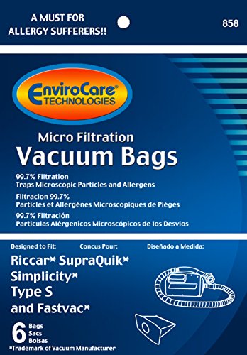 EnviroCare Replacement Micro Filtration Vacuum Cleaner Dust Bags made to fit Riccar SupraQuik and Simplicity Type S and Fastvac 6 pack