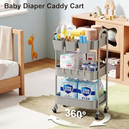 3 Tier Gray Metal Rolling Cart, Storage Cart with Handle & Lockable Wheels - color: Calm Gray, size: 3 tier