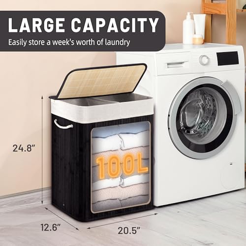 Aliphon 100L Laundry Hamper with lid, 2-Section Clothes Laundry Basket with Handles, Large Collapsible Bamboo Baskets for Bedroom, Bathroom, Dorm, Ink Black - color: Ink Black, size: 100L